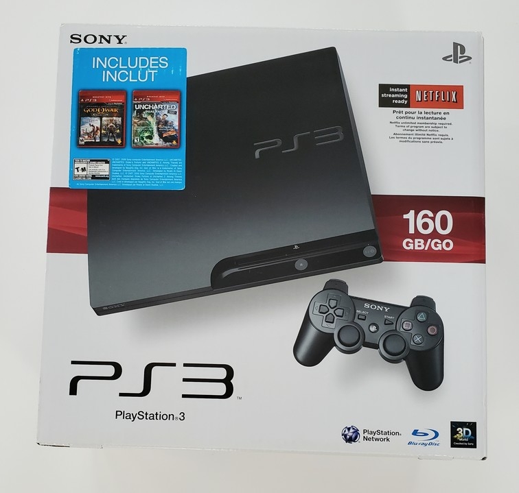 Playstation 3 Slim Black (160GB) (God of War: Collection & Uncharted Dual Pack Bundle) (Model CECH-3001A) (CIB)